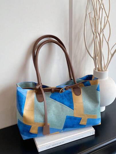 新款时尚多色拼接肩带手提包，大容量双提手手提包，适合日常、通勤、购物、旅行、休闲等场合。