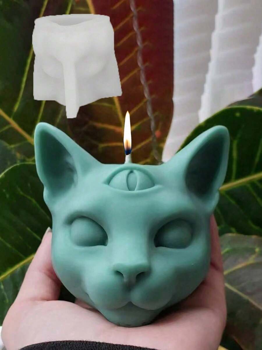 1pc Three-Eyed Cat Aroma Stone Plaster Silicone Mold, Handmade DIY Fragrance Stone Decor Mold, Multiple Patterns, Non-Stick Easy Demold - A-White - View 1