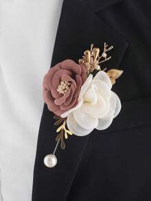 1 pièce Fleur de rose en faux ivoire avec feuilles dorées, décoration convenant pour mariage, fête, événement d'affaires, cocktail, port quotidien, accessoire de broche de fleur de bal, été, plage, festival, élégant - Multicolore - Voir 10