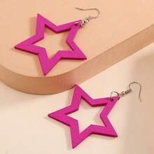 Wooden Minimalist Geometric Rose Pink Exaggerated Easy Punk Rock Y2K Star-Shaped Long Hollow Pendant Earrings Additions - 粉色 - 查看 2