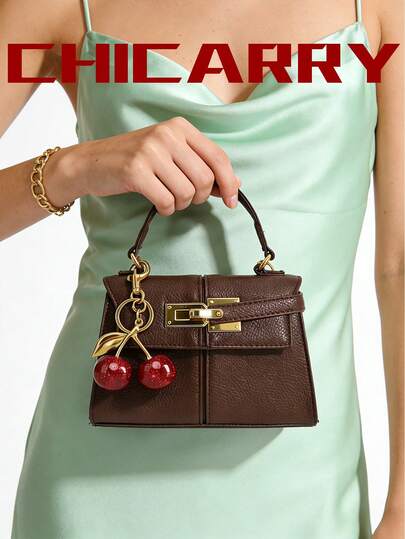 Bolso de mano elegante de mujer con decoración de cerezas de verano, correa de hombro ajustable con cierre giratorio, bolso cruzado exquisito y compacto, bolso de novia para vacaciones, bolso marrón para la universidad, adecuado para compras, citas, viajes, cabe teléfono y billetera