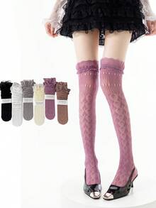 1双女士过膝长袜，薄蕾丝边修身显腿袜，适合春夏穿着，可搭配连衣裙、参加派对，百搭造型 - 彩色 - 查看 2