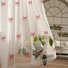 2pcs Sweet Pink Bow-Embellished Tulle Curtains, 2D Flat Print, Semi-Transparent, Rod-Style, Sweet And Lovely Style, Suitable For Living Room And Bedroom. - Multicolor - 2pcs - View 6