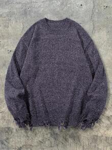 ANDREILEE Spring/Summer New Solid Color Streetwear High-Street Distressed Design Niche Design Loose Comfortable Long Sleeve Cropped Knit Sweater - Purple - View 3