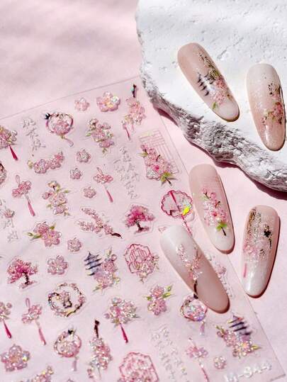 1pc Romantic Pink Peach Blossom Tower Circular Fan Hollowed Window Tassel Pendant Antique Tree Chic Nail Art Stickers Manicure Decal