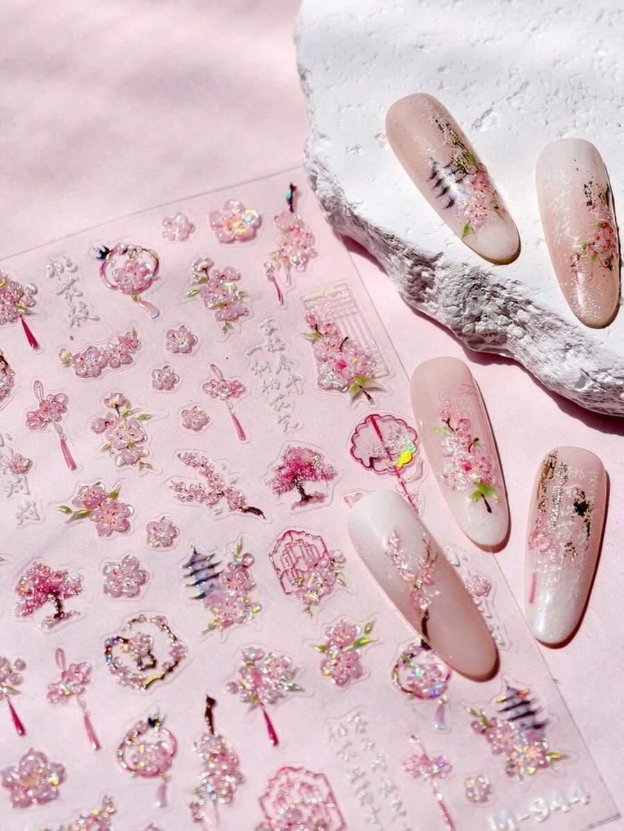 1pc Romantic Pink Peach Blossom Tower Circular Fan Hollowed Window Tassel Pendant Antique Tree Chic Nail Art Stickers Manicure Decal - Pink - View 1