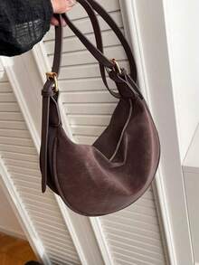 1pc Women's Fashionable Solid Color Minimalist Shoulder Bag, PU Leather, Suitable For Dates, Shopping, Versatile - Brown - View 5