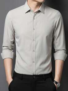 Men's Long Sleeve Button Down Dress Shirt In Microfiber Fabric - 米色 - 查看 1