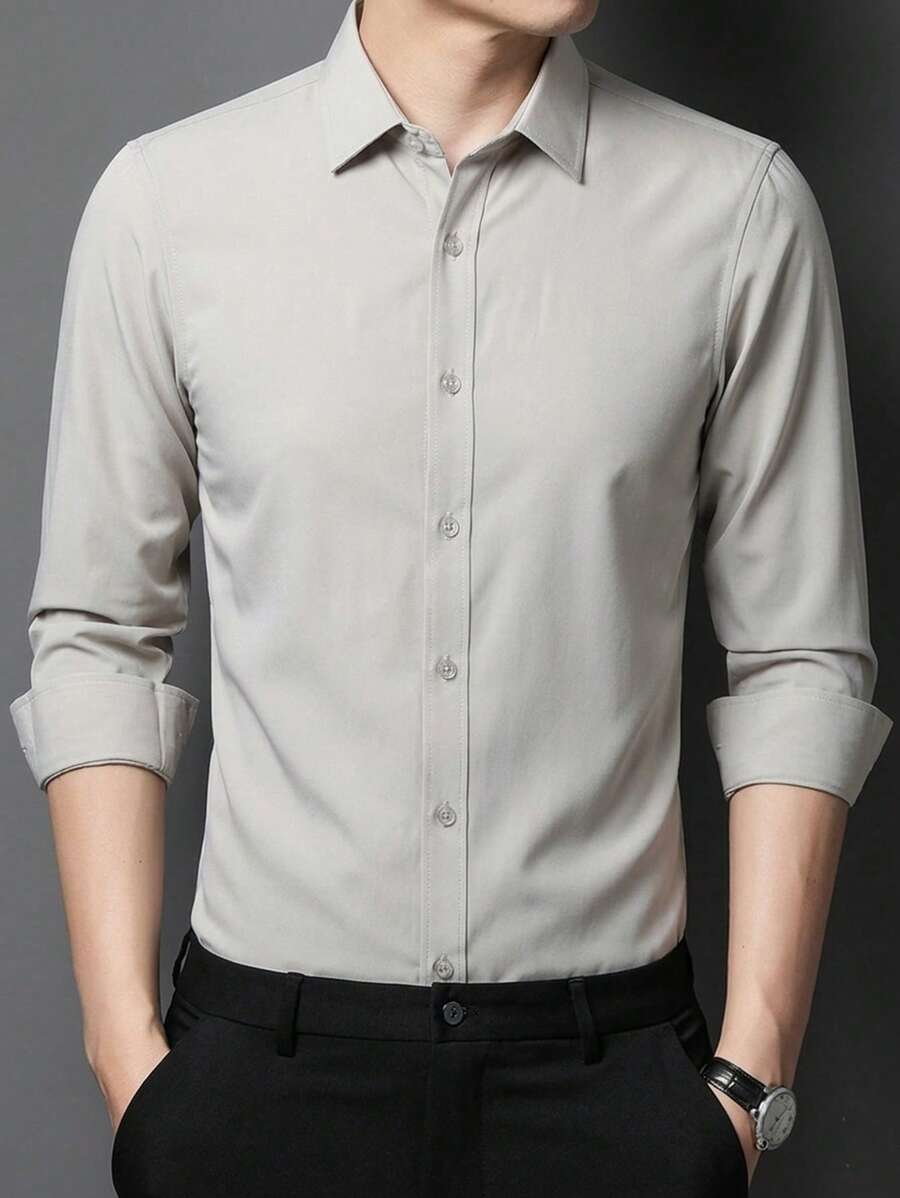 Men's Long Sleeve Button Down Dress Shirt In Microfiber Fabric - 米色 - 查看 1