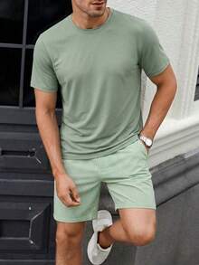 男士夏季圆领休闲T恤和短裤套装 - 薄荷綠 - 查看 1