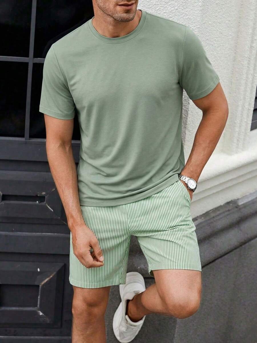 男士夏季圆领休闲T恤和短裤套装 - 薄荷綠 - 查看 1