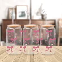 4pcs/Set 16oz Glass Cup Wrap UV DTF Transfer Sticker (9.4x4.3in) No Heat Needed, Pink Bow Ribbon Aesthetic, Cherry Heart Leopard Print Minimalist Floral Decal, Waterproof Rub On Sticker For Libbey Can Tumbler DIY Craft Gift For Women Girls - Bow 04 - View 5