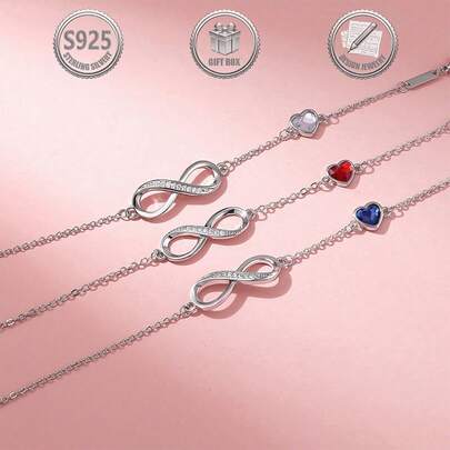 1pc Elegant, Sweet And Fashionable 925 Sterling Silver Bracelet, Inlaid With Synthetic Cubic Zirconia, Decorated With Infinity Symbol And Heart Shape, Suitable For Women's Daily Wear, Parties, Dates And Holiday Gifts