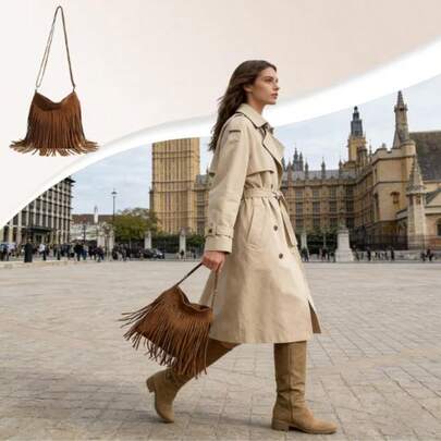 时尚流苏斜挎包单肩包波西米亚风流苏斜挎包高品质耐用材质西部流苏马鞍包单肩包适合日常通勤时尚搭配