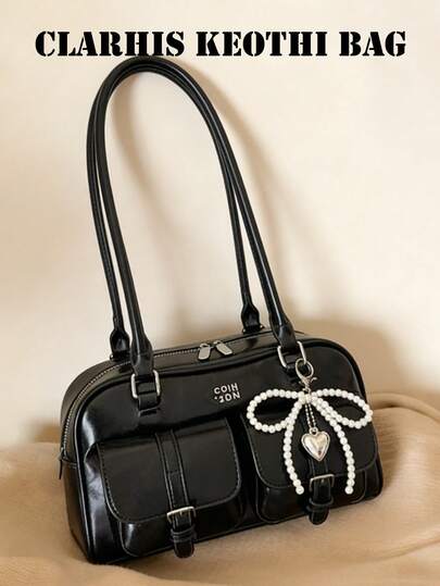 High-End Designer Women's Bag, Korean Fashion Multi-Function Shoulder/Underarm Bag, Retro Stylish Multi-Pocket Design, Commuter Bag, Solid Black PU Material, Shoulder Bag/Handbag, Decorated With Pearl Butterfly Pendant, Bowling Ball Bag Style, Multiple Inner Pockets, Multi-Functional, Smooth Metal Zipper Closure, Dual Top Handles, Shoulder Or Hand Carry.