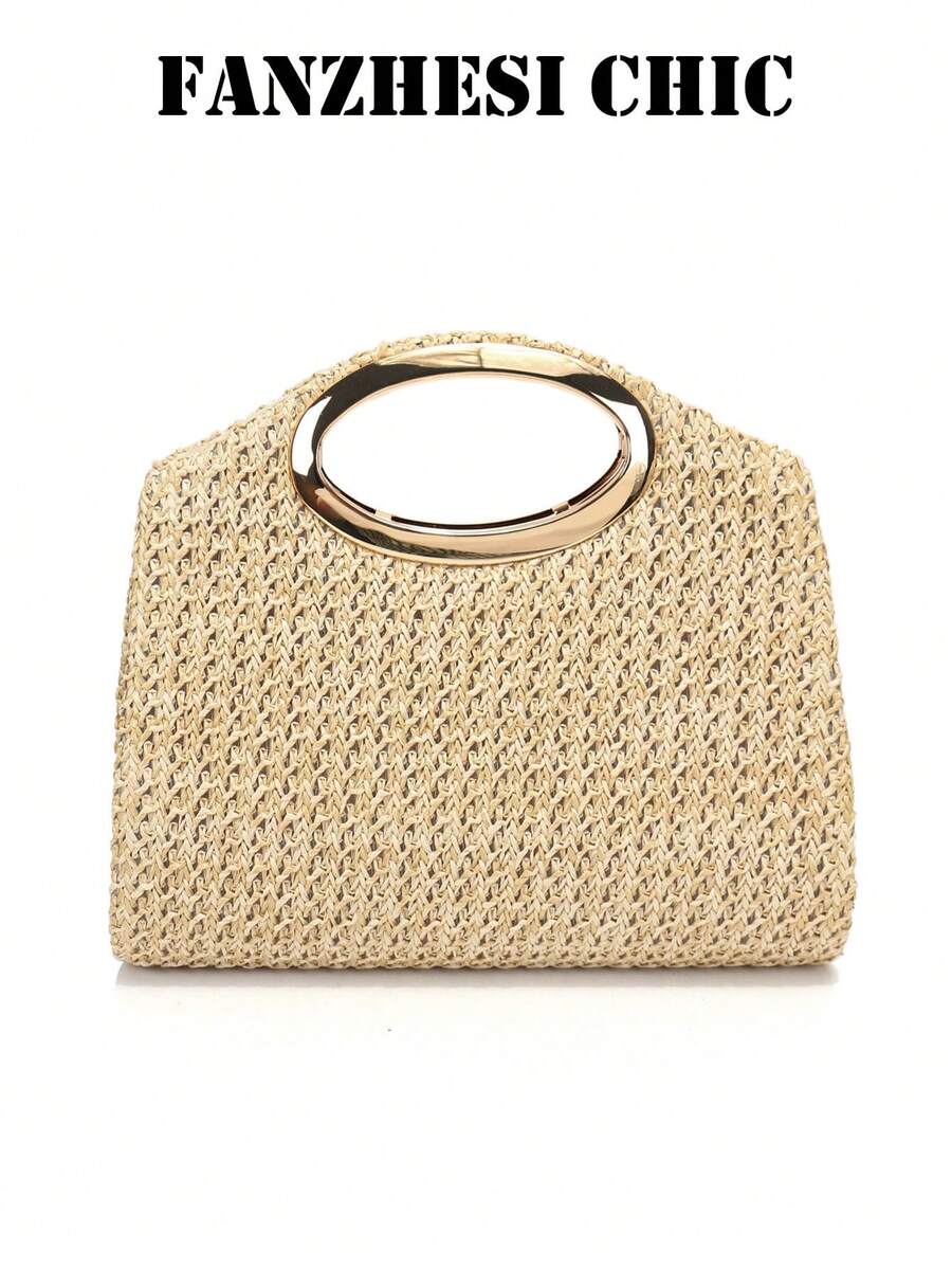 El nuevo bolso tejido es un bolso de mano de moda y casual para mujeres, un bolso de paja retro. Este bolso de mano, bolso de playa o pequeña cartera de paja tejida con diseño liso y dorado presenta un cierre magnético resistente, un asa superior doble que se puede llevar a mano y un diseño de bolso cuadrado pequeño con un diseño calado tejido. Es adecuado para que las chicas asistan a fiestas, reuniones, viajes, eventos de cena o para el transporte diario. - Dorado - Ver 1