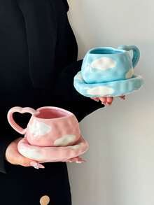 1 Set Heart & Cloud Ceramic Coffee Cup & Saucer Set, Korean Ins-Style Cute Ceramic Mug, Paired With Heart Cloud Plate, High-Quality Ceramic Tableware Set, Suitable For Milk, Coffee, Tea - Multicolor - View 8