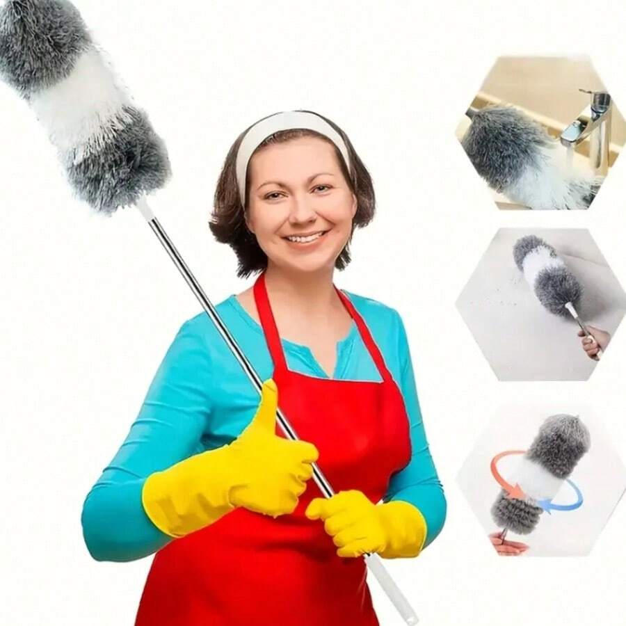 超细纤维除尘掸，可伸缩羽毛除尘掸（不锈钢材质），长度33至110英寸，可重复使用，可弯曲，可水洗，适用于清洁吊扇、高天花板、百叶窗、家具、汽车等。 - 彩色 - 查看 1