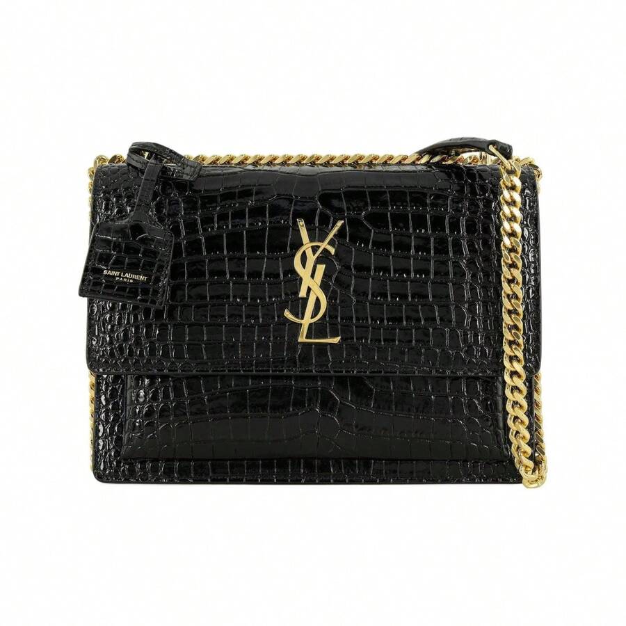 Saint Laurent YSL Sunset Bag, Gold Logo, Crocodile Embossed, Shiny Leather, Chain Crossbody/Shoulder Bag, Medium Size, Women's, Black - 442906-DND0J-1000 - 查看 1