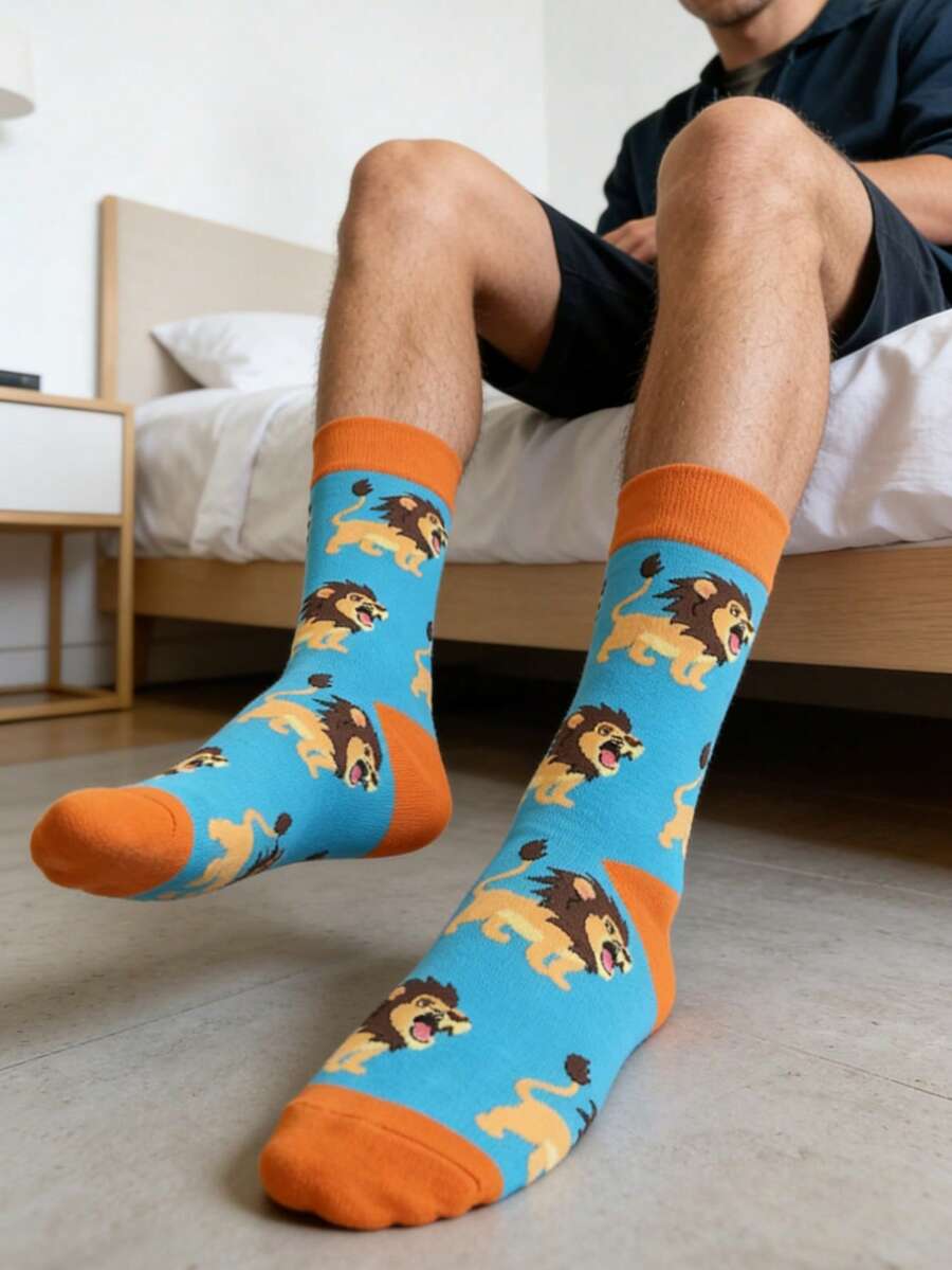 1双男士蓝橙撞色卡通狮子图案中筒袜，适合日常穿着，四季皆宜。 - 彩色 - 查看 1