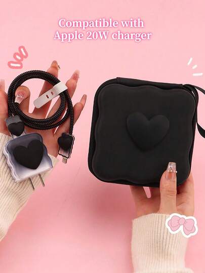 6 Pcs Cute Bow Data Cable Protector & Storage Pouch, Candy Color Digital Accessories Organizer, Zipper Anti-Drop Bag For Charger Cable Earphone, Compatible With IPhone 20W Charger