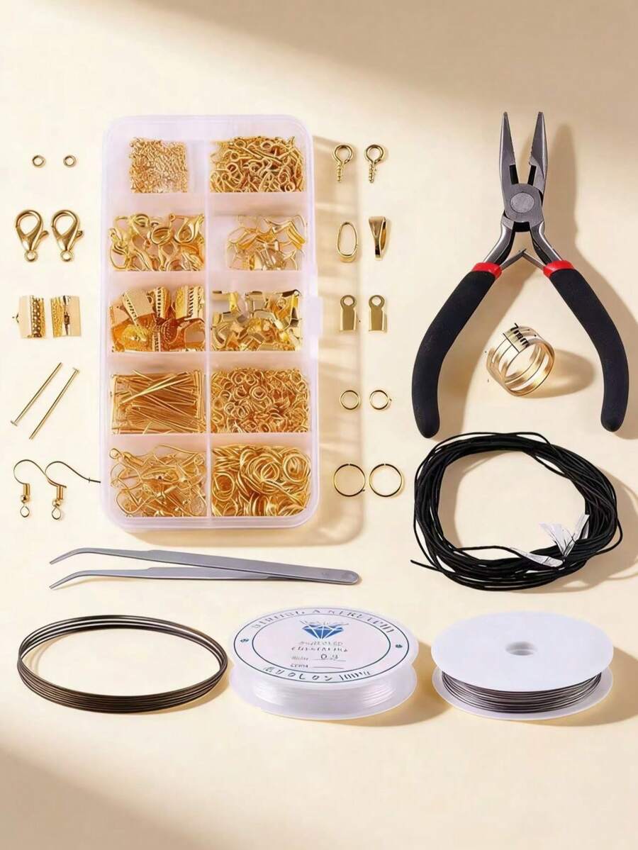 一套/盒DIY首饰制作工具配件包,包含龙虾扣、开口圈、压接珠、耳钩及其他首饰制作材料和钳子。非常适合DIY手链珠子、手链制作套装、首饰制作套装、手链制作材料包。 - 珠寶製作套裝 - 查看 1