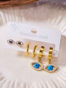 6件套不锈钢水钻恶魔眼耳环套装，适合女性日常、旅行、派对佩戴 - 彩色 - 查看 2