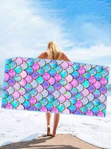 Toalla de 250 g/m² de fibra ultrafina de secado rápido y absorbente con estampado de cola de sirena/escamas de pez en colores vivos de 70*140 cm, que se puede usar como toalla de baño, toalla de playa, chal, cojín de asiento, 1 pieza o toalla de baño extra grande de 90*180 cm, toalla de playa, 1 pieza para viajes de verano, vacaciones, decoración de baño, artículo esencial de playa - Morado - Ver 9