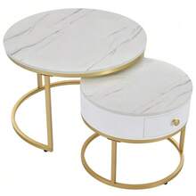 (Modified Instructions) Set Of 2 Modern Nesting Coffee Tables, Glossy Marble Finish, Round Nesting Side Table - View 8