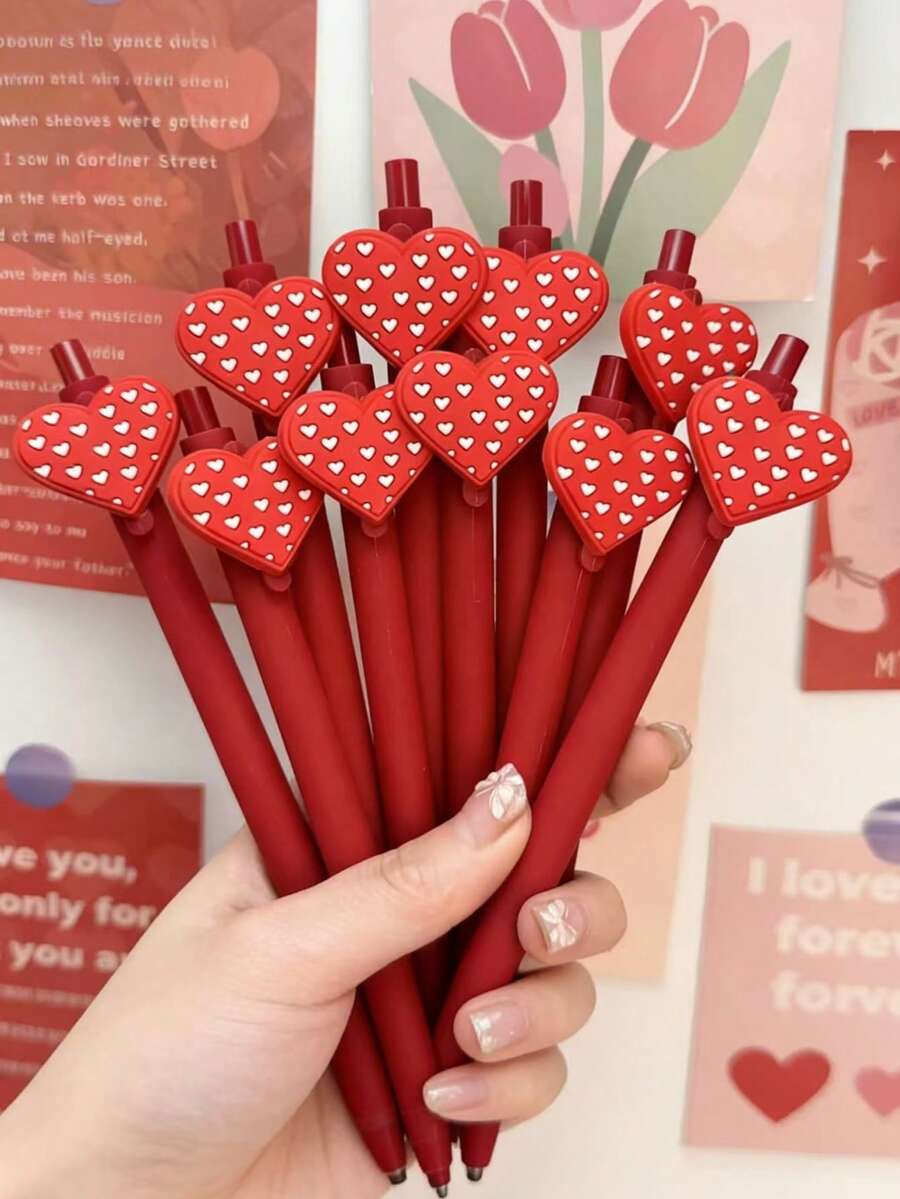 3支心形按压式圆珠笔，卡通设计，爱心文具笔，适合学生使用 - 3件紅色愛心筆 - 查看 1