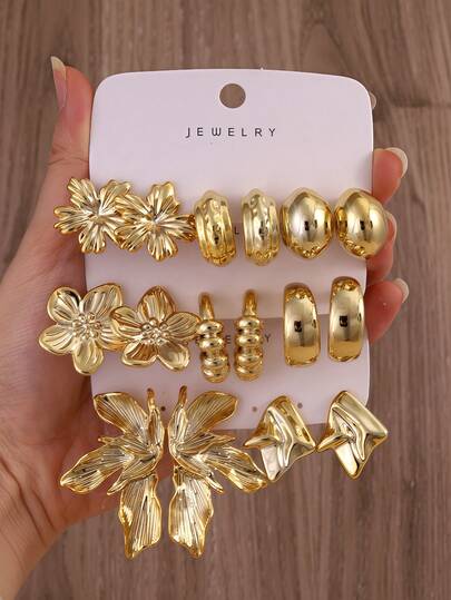 4/6/16件套对称夸张3D花瓣五瓣花鸡蛋花纹理C形耳环套装，镀金，适合日常佩戴及馈赠亲友。