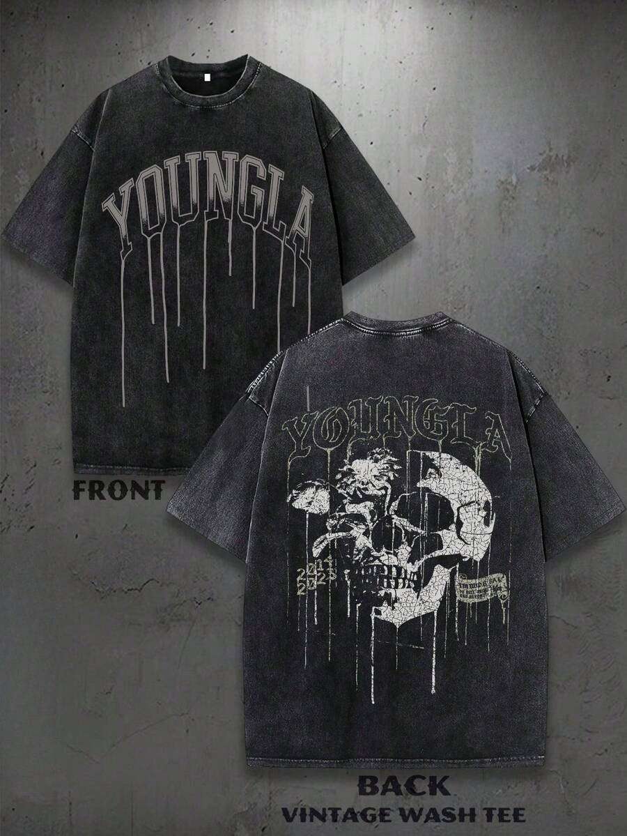 1PC Y2K Vintage Washed T-Shirt | Men's Graphic Tee | YLA Dripping Skull Design Pattern | Gifts For Men Or Boyfriend | 100% Cotton | 230Gsm Thickened Fabric | Unisex - 黑色 - 查看 1