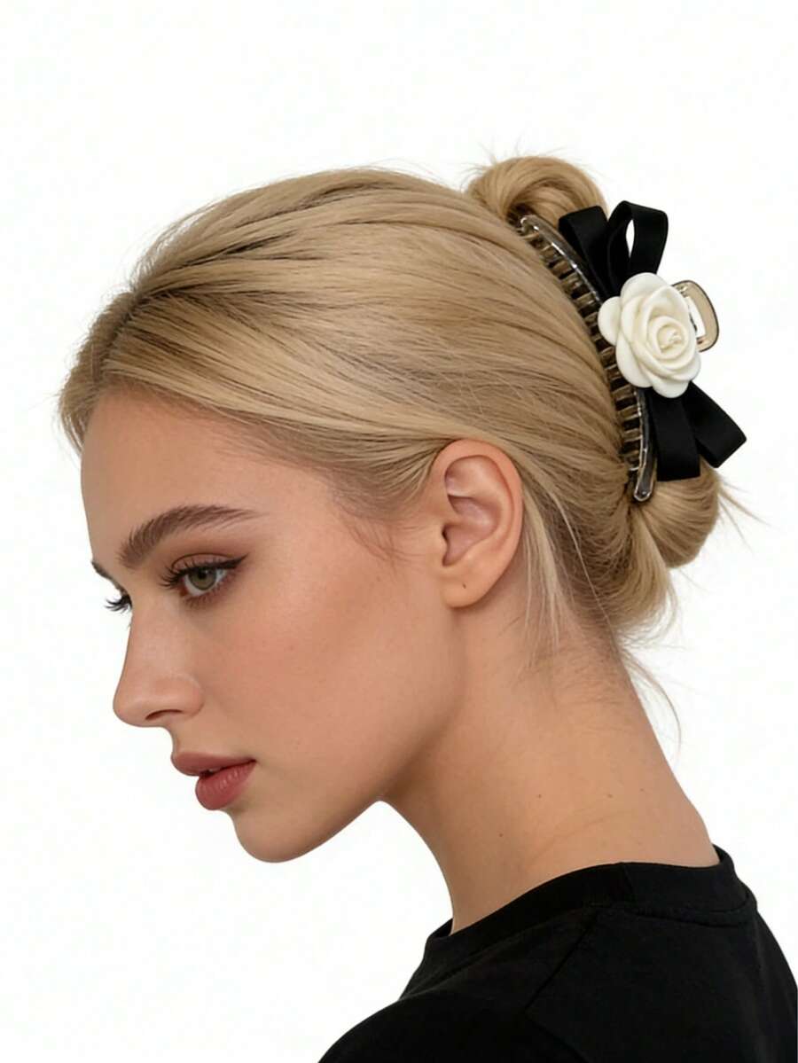 1pc Black & White Camellia Hair Claw, Minimalist Daily Matching, Elegant Party Accessory - Black and White - View 1