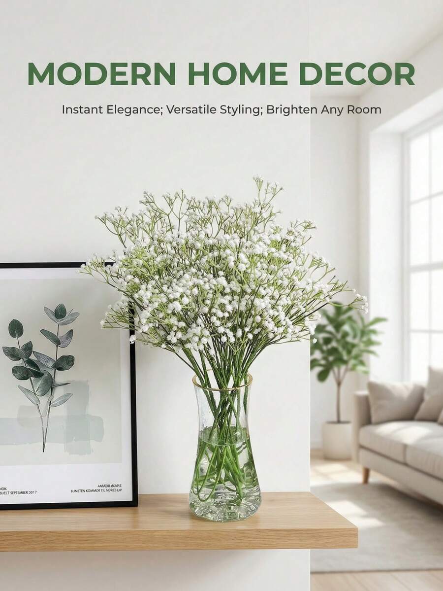 1/6/10 Stück weiße Schleierkraut Künstliche Blumen, Fake Schleierkraut Großpackung, mit Kunststoffstängeln, für Heimdekoration, Tischdekoration, DIY Blumenarrangements, Hochzeits- und Festdekoration, Raumdekoration - Weiss - Übersicht 1