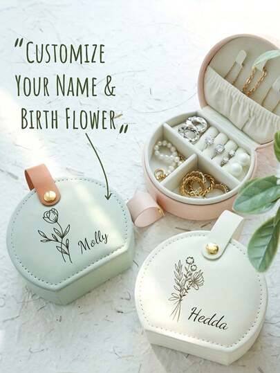 1pc Customizable Name Personalized Travel Jewelry Box, Can Customize Name And Birth Flower, Square Earring Storage Box With Handle, Suitable As Bridesmaid Wedding Gift For Sisters And Friends
