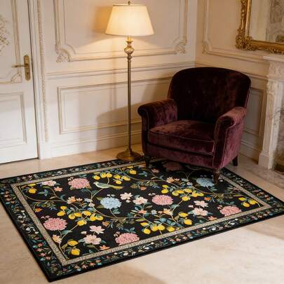 1 قطعة سجادة صغيرة قابلة للغسيل بنمط زهري على الطراز الصيني، سجادة زهرية ناعمة بنمط نباتات داخلية، مناسبة للمدخل والغرفة والحمام، باللون الأسود، سجادة ربيعية، بساط الباب، سجادة صغيرة، بساط الترحيب