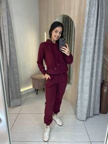 Comfortable Kangaroo Hoodie Set - Hoodie And Jogger Pants - Casual Drawstring Detail And Zipper - 紅木色 - 查看 1