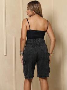 Women's Black Cargo Denim Shorts, High Waist, Side Pockets, Premium Style - 黑色 - 查看 5