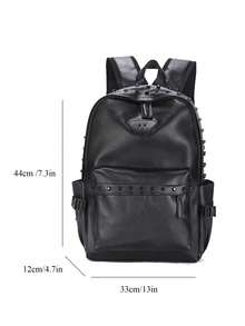 A Black PU Leather British-Style Retro Double Shoulder Bag, Large-Capacity Backpack, Streetwear And Personalized Korean Fashion Rivet Student Unisex Travel Backpack - Black - View 6