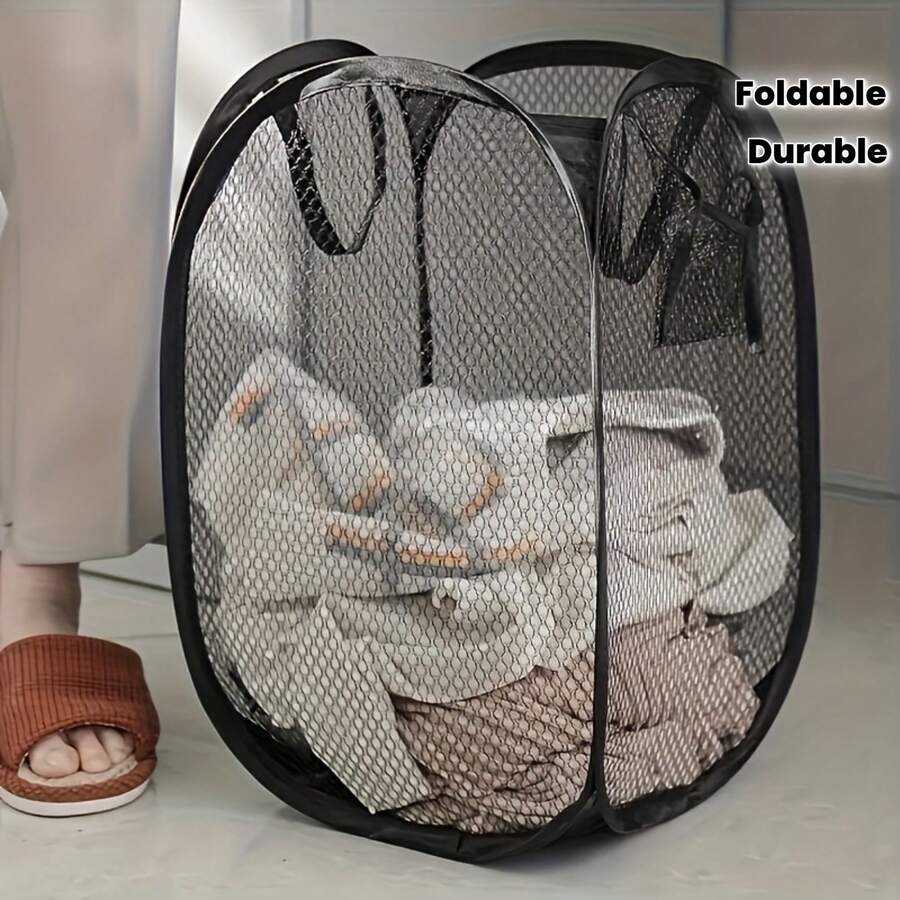 Pop-Up Mesh Laundry Basket, Foldable Fabric Basket With Ergonomic Handle, High Capacity Unlined Storage, Black And Red Options, Laundry Room Accessories, Laundry Basket - View 1