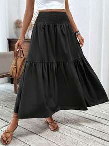 Women's Long Ditsy Floral Skirt, Casual Elastic Waist With Pockets, Ruffle Hem, A-Line Skirt Summer Vacation Spring - 黑色 - 查看 4