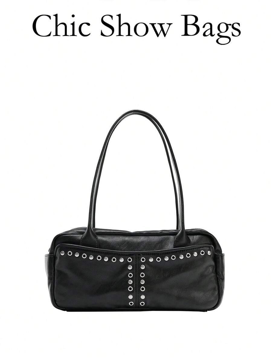 Retro Bowling Bag With Studded Hardware | Elegant Zip-Top Satchel | Versatile Shoulder Crossbody For Women - Black - View 1
