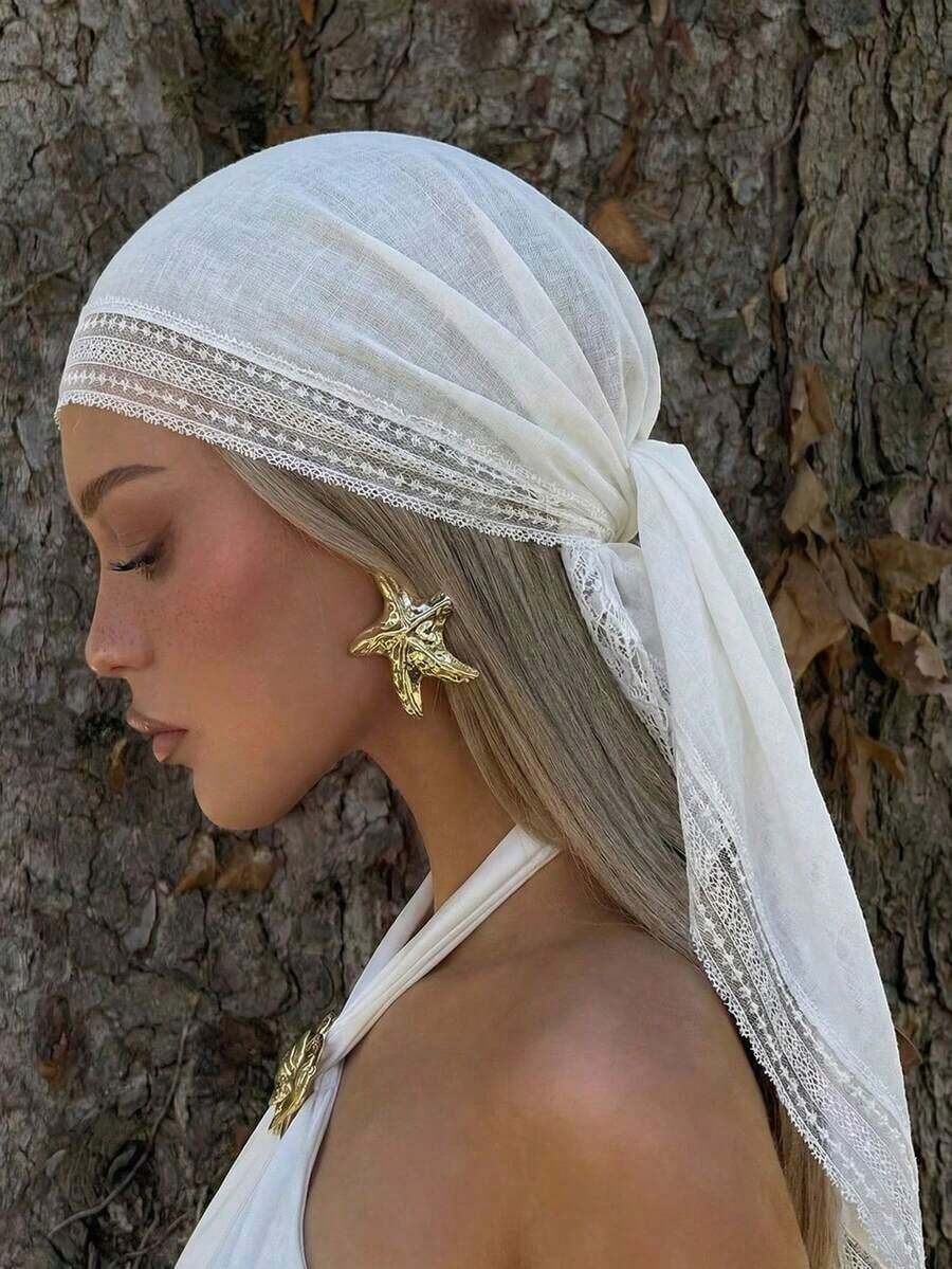 1pc Women's Elegant Solid Color Square Lace Trim Headscarf, Multifunctional As Headscarf, Shawl And Hair Accessory, Suitable Use In Mosques, Fashionable Casual Accessory Summer - 白色 - 查看 1