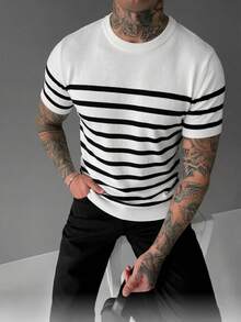 GRDR 男士夏季针织条纹短袖衬衫，适合夏季度假和休闲穿着 - 白色 - 查看 4