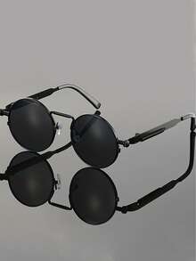1 Pair Of Unisex Retro Round-Frame Black Sunglasses, UV400 Anti-Ultraviolet, Steampunk Style, Perfect For Street Photography - Multicolor - View 4