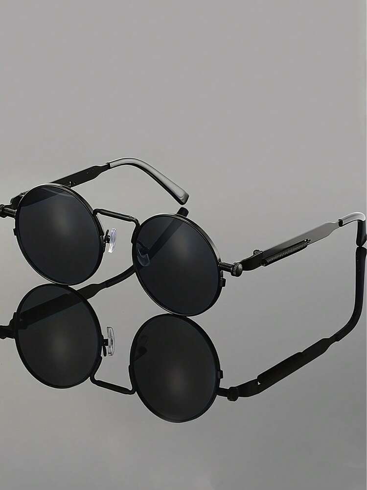一副男女通用的复古圆形黑色太阳镜，UV400 防紫外线，蒸汽朋克风格，非常适合街头摄影 - 彩色 - 查看 4