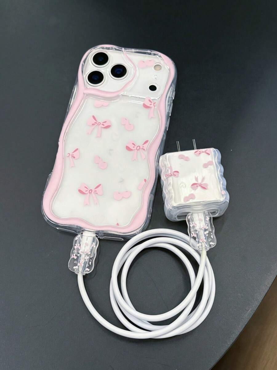 四件套（1个波浪纹手机壳 + 1个20W苹果波浪纹充电器保护壳 + 2个波浪纹数据线夹），UV喷绘粉色蝴蝶结和樱桃图案，兼容苹果20W充电器，适用于 17/17 Pro/17 Pro Max/Air/16/16 Pro/16 Pro Max/16 Plus/7/8/7 Plus/8 Plus/X/XS/XR/XS Max/11/11 Pro/11 Pro Max/12/12 Pro/12 Pro Max/12 Mini/13/13 Pro/13 Pro Max/14/14 Pro/14 Plus/14 Pro Max/15/15 Pro/15 Plus/15 Pro Max手机 - 彩色 - 查看 1