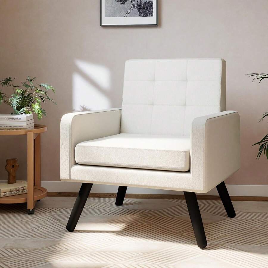 Accent Chair For Living Room, Mid-Century Modern Comfy Upholstered Armchair With Large Seat, Single Sofa Reading Chair, 496 Lb. Weight Capacity, For Bedroom, Apartment, Cream - trắng - Xem 1
