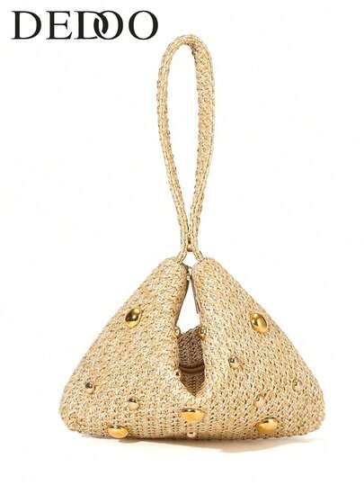 Dedoo Túi hình tam giác đan bằng rơm, có quai xách cùng chất liệu, kiểu dáng phù hợp cho kỳ nghỉ, có thể xách tay hoặc đeo cổ tay, được trang trí bằng đinh tán kim loại màu vàng, có khóa kéo, thích hợp cho kỳ nghỉ hè và đi làm hàng ngày.