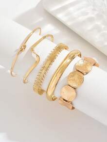5 pièces/set Bracelet de style bohème vintage élégant multicouche torsadé géométrique ouvert, convient pour le port quotidien, les fêtes, les vacances, la plage, les accessoires, cadeau parfait pour les femmes - 5 pièces d'or - Voir 4